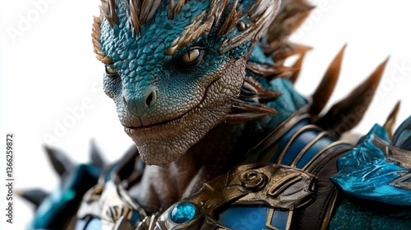 Fototapeta Intricate Scale Detail of Blue Dragon in Ornate Armor Close-Up Portrait