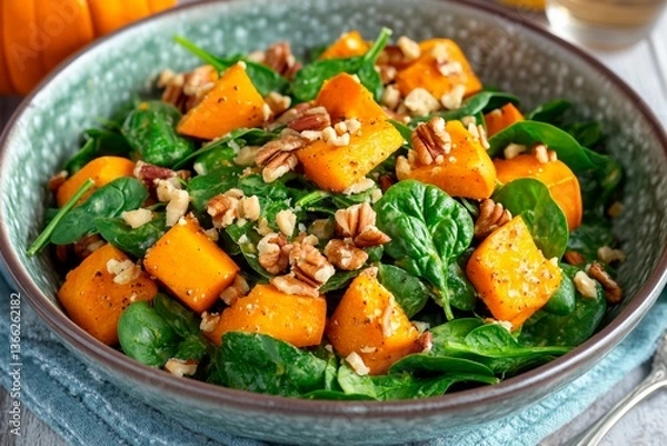 Fototapeta Colorful butternut squash is roasted and mixed with fresh spinach and crunchy pecans, creating a healthy and appealing dish perfect for any meal. Ideal for fall dining