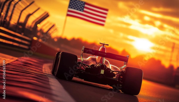 Obraz Formula 1 Race Car Sunset American Flag Victory Track