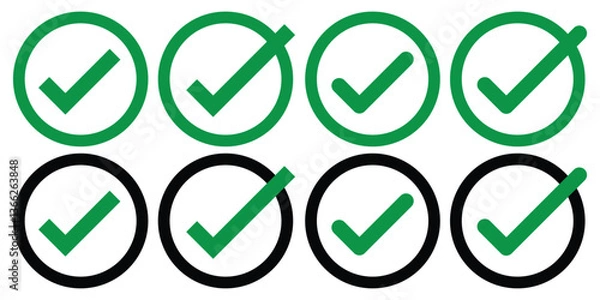 Fototapeta Set of verified badge icon. Green Checkmark icons, certificate badge.  Vector illustration.