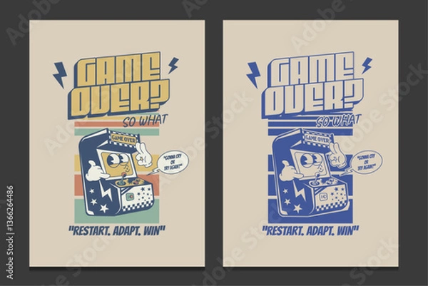 Obraz retro poster with arcade machine cartoon and motivational gaming quote, vector illustration