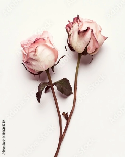 Fototapeta Two Faded Roses on a White Background for Floral Design Concepts
