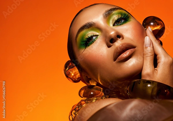 Fototapeta Glamorous Beauty Portrait with Green Eyeshadow and Bold Accessories on Orange Background