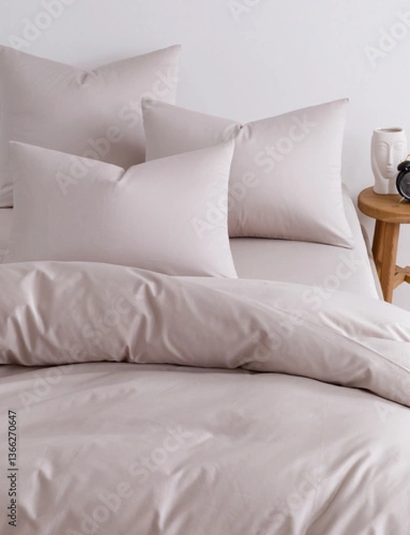 Fototapeta Bedroom with a double bed, fluffy down comforter, three pillows and wooden bedside table. Close-up side view vertical photo