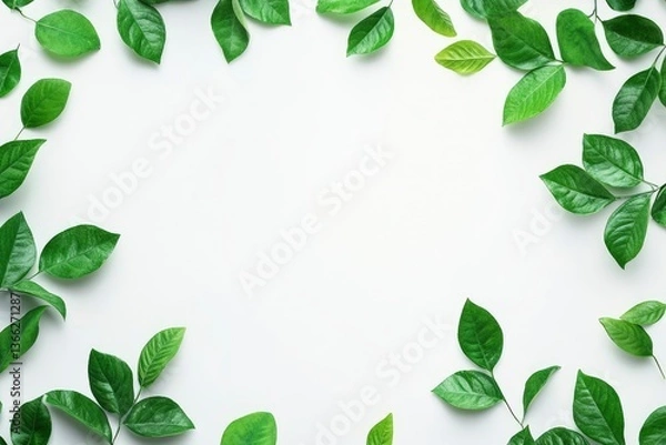 Fototapeta Green Leaves Frame on White Background for Creative Design Projects