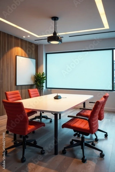 Obraz Modern conference room with whiteboard, chairs, and projector screen, collaboration, corporate, strategy