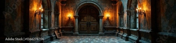 Fototapeta Ancient wooden door in dimly lit hallway with cobweb-covered chandeliers, hallway, dark