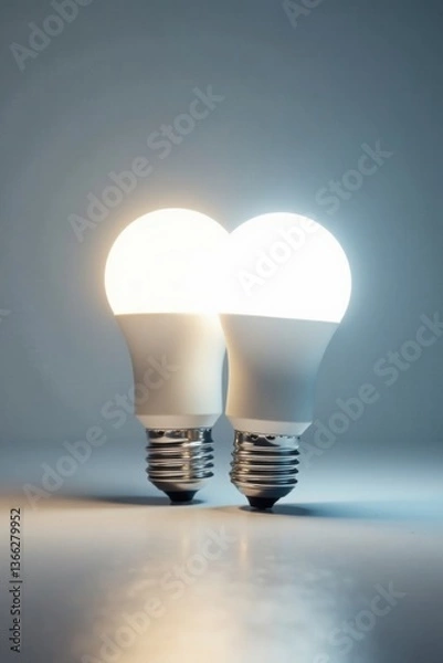 Fototapeta Bright white background reflects light emitted by two bulbs side by side energy-efficient light bulb, bright, electricity