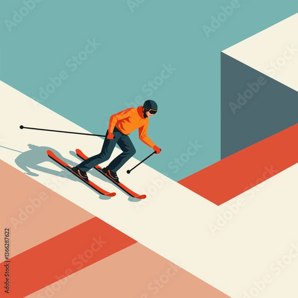 Fototapeta Skier performing a jump in a minimalist, colorful landscape  