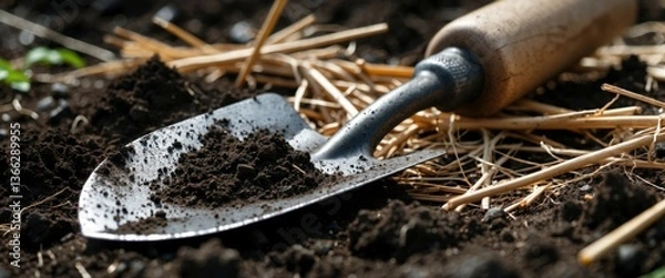 Fototapeta rustic shovel resting in earthy soil illustration concept