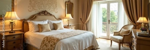 Fototapeta Luxurious wedding suite with leaf-patterned bedding and elegant furniture, interior, luxury