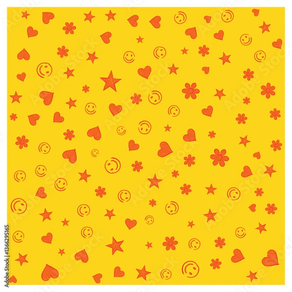 Fototapeta Bright yellow seamless pattern with smiley faces, hearts, stars, and flowers. Great for gift wrap, party decor, kids’ crafts, or joyful retro-inspired projects.