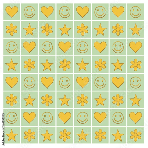 Fototapeta Fun and colorful retro grid pattern featuring smiley faces, hearts, stars, and flowers. Ideal for kids’ crafts, stationery, gift wrap, and cheerful creative projects.