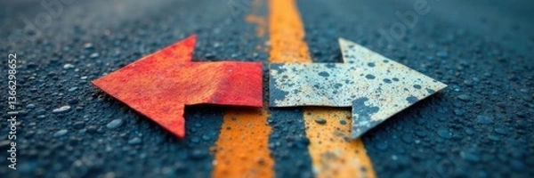 Fototapeta Two paper arrows intersecting at a fork in the road, options routes pathway divergence choice, fork, arrowheads