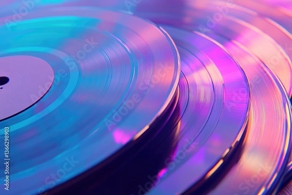 Fototapeta Close-up of vibrant iridescent vinyl records stacked, showcasing colorful grooves and reflective surfaces.