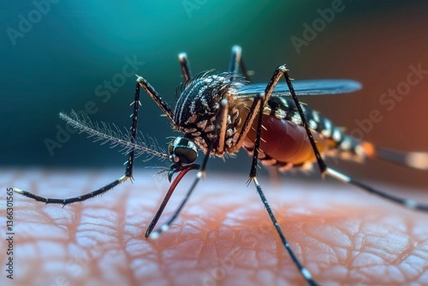 Fototapeta Close-up of a mosquito feeding on human skin, highlighting its detailed features and vivid colors.