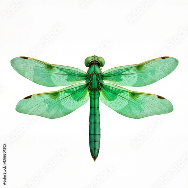 Obraz Green dragonfly displaying wings against a white background  