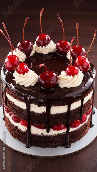 Fototapeta Black Forest Cake with Cherry and Cream. A slice of cake is a rich chocolate cake filled with cherry cream and covered with a glossy dark glaze. The inner layers have the texture of a delicate chocola