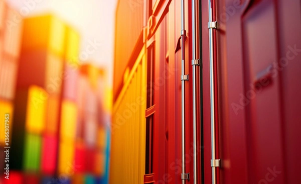 Fototapeta A close-up of shipping containers in a port, with the setting sun creating a warm glow in the background.