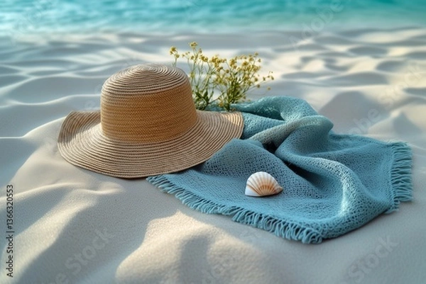 Obraz Soft Aquamarine Beach Towel with Straw Hat and Seashell
