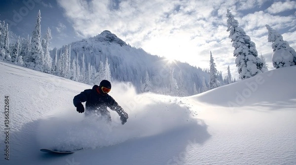 Fototapeta A snowboarder carving through fresh powder snow in a snowy mountain landscape on a sunny day, with trees covered in snow in background. A scene of adventure, activity and nature
