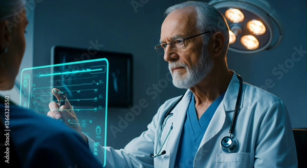 Fototapeta Experienced Doctor Using Futuristic Digital Touchscreen Interface for Patient Data Analysis in Modern Hospital