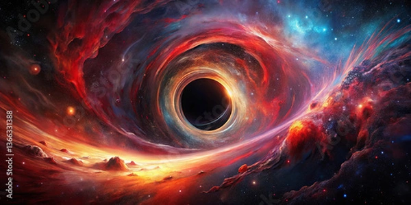 Fototapeta A giant black hole sits at the center, surrounded by vibrant gases and stardust in a distant galaxy, showcasing an incredible display of cosmic phenomena