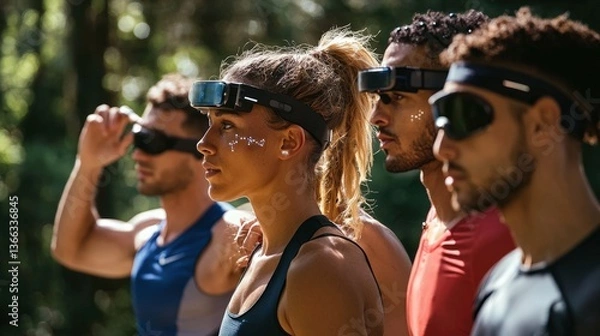 Fototapeta Futuristic athletes in forest with vr headsets, sunlight filtering through trees