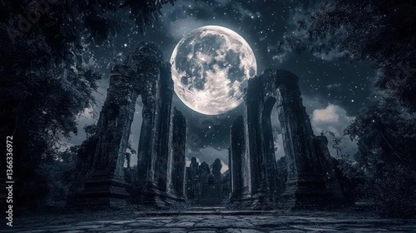 Fototapeta Ancient Ruins Surrounded by Trees Under a Full Moon Night Sky with Falling Snowflakes