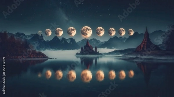 Fototapeta Beautiful Lunar Phases Reflected in Calm Waters of a Serene Mountain Landscape at Night