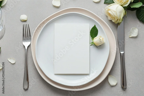 Fototapeta Elegant Wedding Table Setting Mockup with Blank Card and White Roses on Neutral Background