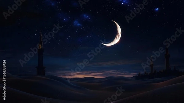 Fototapeta Crescent Moon Illuminating Serene Night Sky Over Desert Dunes and Silhouetted Architecture