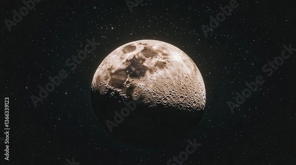 Fototapeta Detailed View of a Bright Moon Surrounded by Stars in a Dark Night Sky