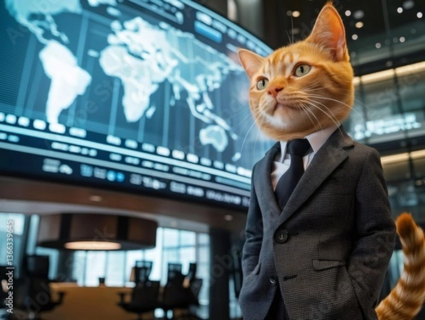 Fototapeta Ginger cat businessman standing in modern office with world map display. Generative ai illustrations