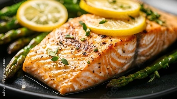 Fototapeta deliciously grilled salmon with lemon slices and asparagus, a culinary delight