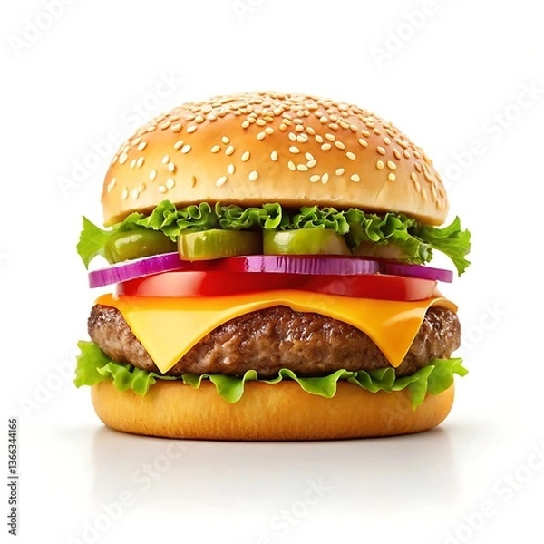 Fototapeta A juicy cheeseburger, stacked high with fresh lettuce, tomato, onion, and pickles, a tempting culinary masterpiece against a bright white backdrop.