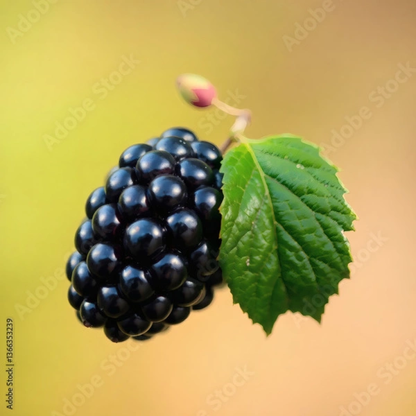Obraz Close-up of ripe mulberry with green leaf on soft blurred background
