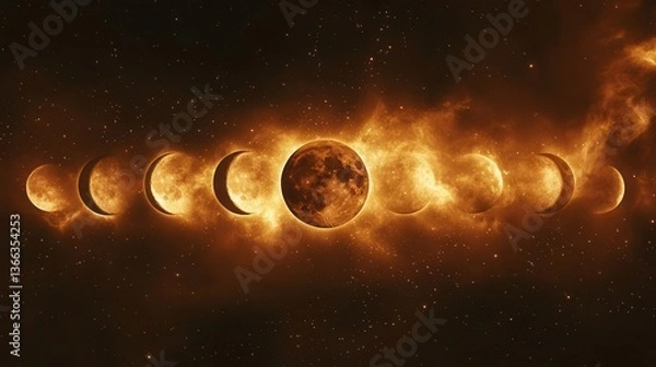 Fototapeta Phases of the Moon in an Astronomical Illustration with Glowing Orange Hues and Celestial Patterns
