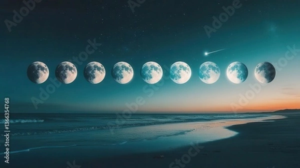Fototapeta Phases of the Moon Setting Over a Tranquil Beach During Sunset with Starry Sky