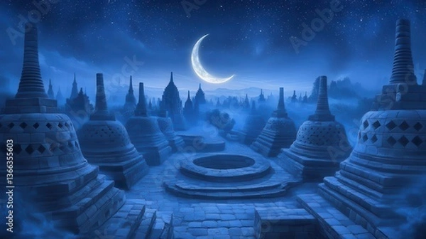 Fototapeta Serene Night Scene of Ancient Buddhist Temple Ruins Under Moonlight and Starry Sky