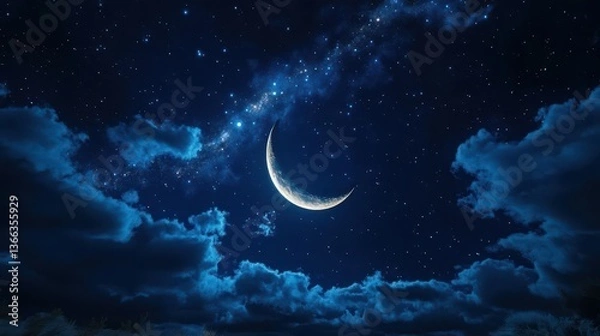 Fototapeta Serene Night Sky with a Crescent Moon and Stars Illuminating the Tranquil Clouds