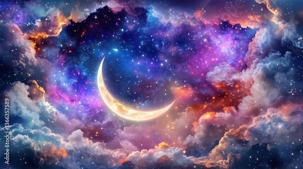 Fototapeta Stunning Celestial Night Sky with Crescent Moon Surrounded by Colorful Clouds and Stars