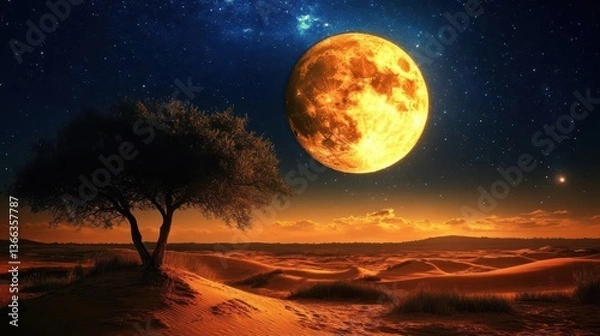 Fototapeta Stunning Desert Landscape Under a Bright Full Moon at Night with Starry Sky and Silhouette of Tree