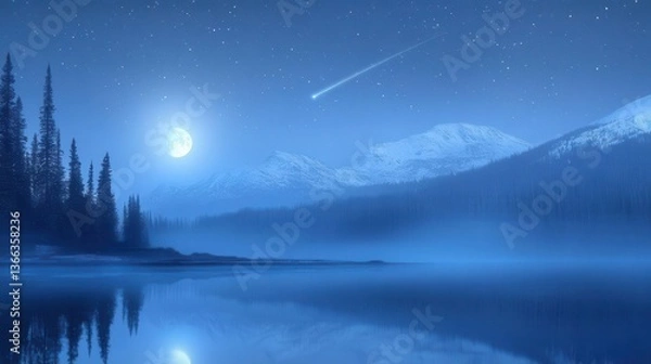 Fototapeta Stunning Moonlit Landscape with Comet Over Tranquil Lake and Snowy Mountains at Night