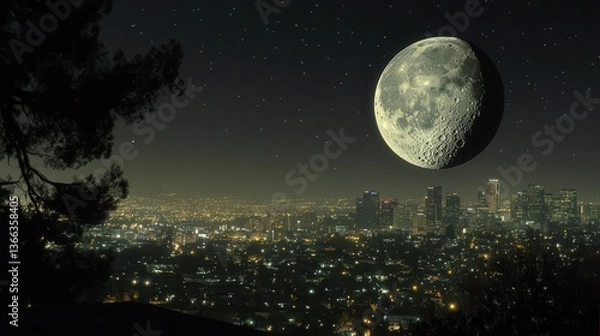 Fototapeta Stunning Night Landscape of a Crescent Moon Over an Illuminated City Skyline with Stars