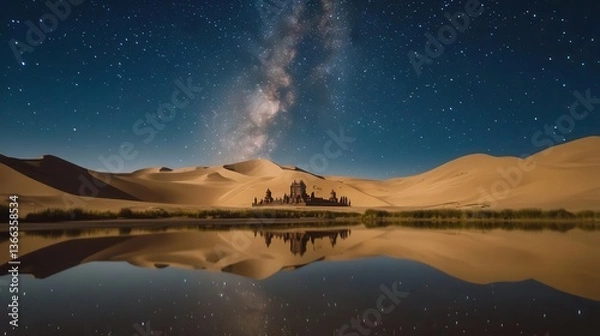Fototapeta Stunning Night Sky Filled With Stars Above Sand Dunes and Reflective Water in a Desert Landscape