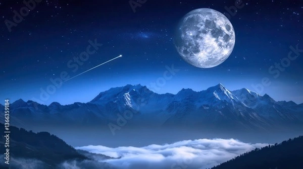 Fototapeta Stunning Night View of Majestic Mountains Under Full Moon and Starry Sky with Misty Clouds