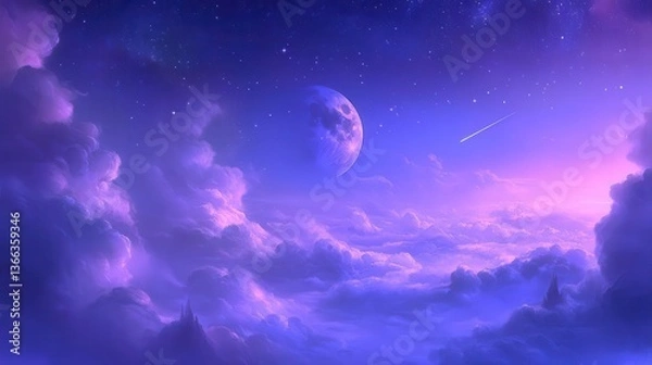 Fototapeta Surreal Dreamlike Landscape with Clouds and Moon Illuminated by Stars in a Purple Night Sky