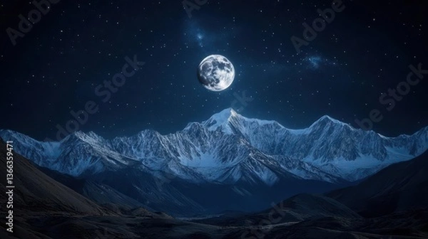 Fototapeta Stunning View of Snowy Mountains Under a Bright Moonlit Sky with Stars at Night