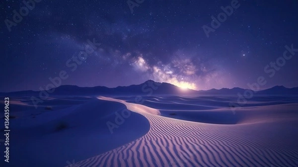 Fototapeta Stunning Night Sky Over Serene Desert Dunes Illuminated by Milky Way and Moonlight